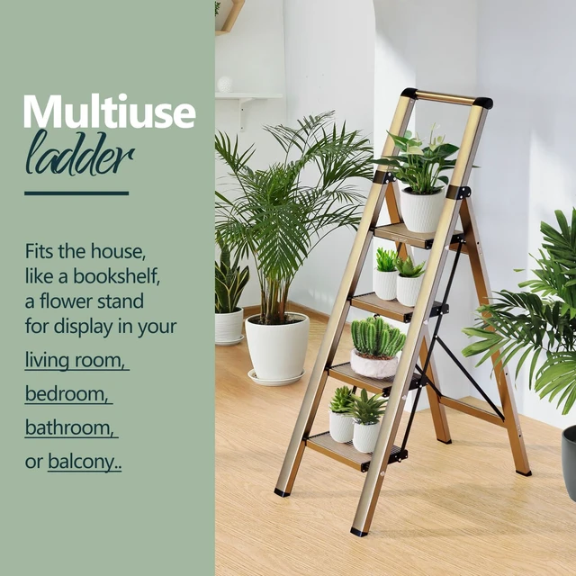 Alt view image 6 of 7 - 4 Step Ladder, 300lbs Load, 36'' Top Step, Gold | 9ft Reach; 7.9'' Wide Pedals; Anti-Slip Feet Grip Wood, Tile, Carpet; Rigid Aluminum Steps; Handrail Adds Balance.