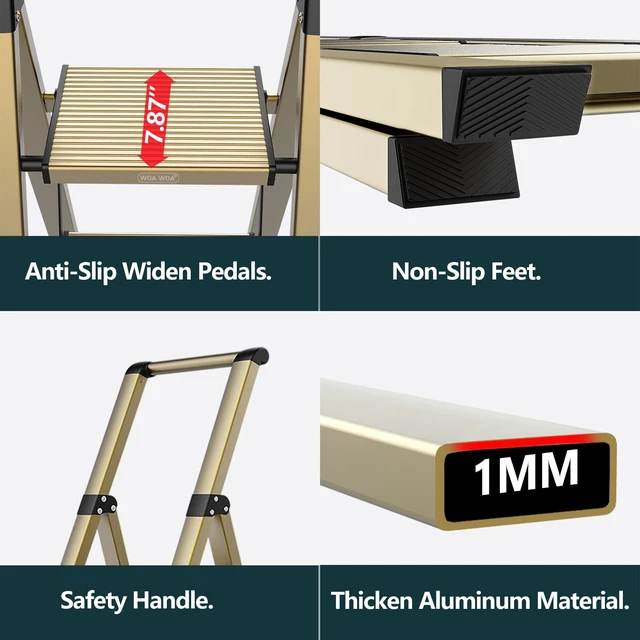 Alt view image 7 of 7 - 4 Step Ladder, 300lbs Load, 36'' Top Step, Gold | 9ft Reach; 7.9'' Wide Pedals; Anti-Slip Feet Grip Wood, Tile, Carpet; Rigid Aluminum Steps; Handrail Adds Balance.