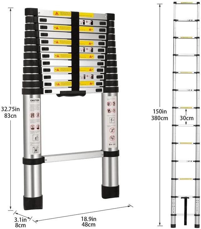 Alt view image 2 of 6 - (12.5Ft/3.8M) Telescoping Ladders, EN131 Standards Aluminum Extension Ladder