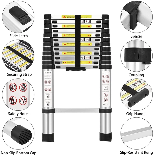 Alt view image 3 of 6 - (12.5Ft/3.8M) Telescoping Ladders, EN131 Standards Aluminum Extension Ladder