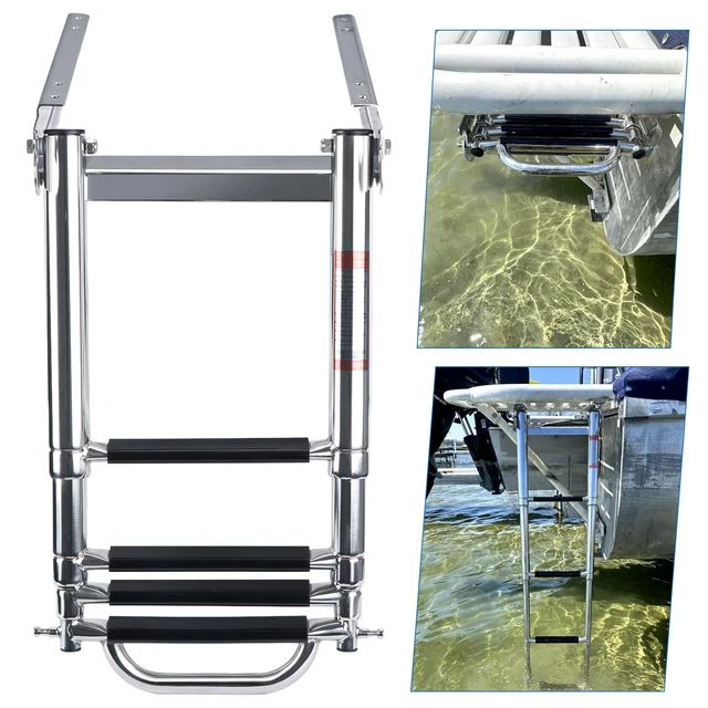 Alt view image 2 of 7 - 4 Step Boat Ladder Under Platform Slide Mount Boat Boarding Ladder, Telescoping Ladder with a Carry Handle and Mounting Screws, Press-Type Spring Latch (4 Steps)
