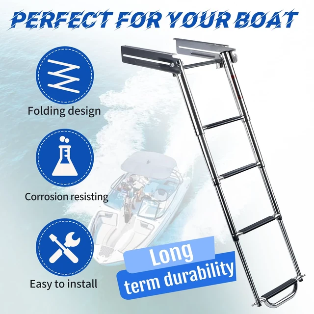 Alt view image 3 of 7 - 4 Step Boat Ladder Under Platform Slide Mount Boat Boarding Ladder, Telescoping Ladder with a Carry Handle and Mounting Screws, Press-Type Spring Latch (4 Steps)