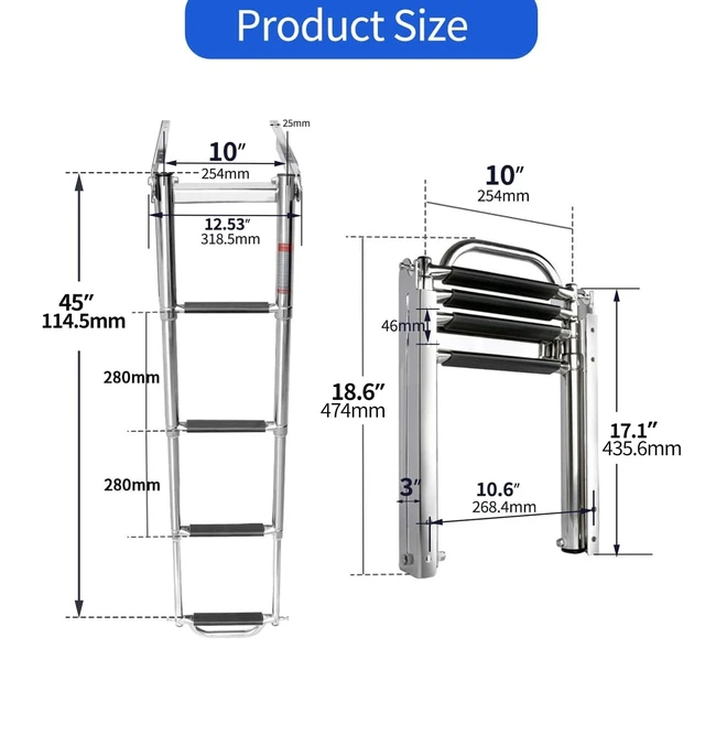 Alt view image 4 of 7 - 4 Step Boat Ladder Under Platform Slide Mount Boat Boarding Ladder, Telescoping Ladder with a Carry Handle and Mounting Screws, Press-Type Spring Latch (4 Steps)