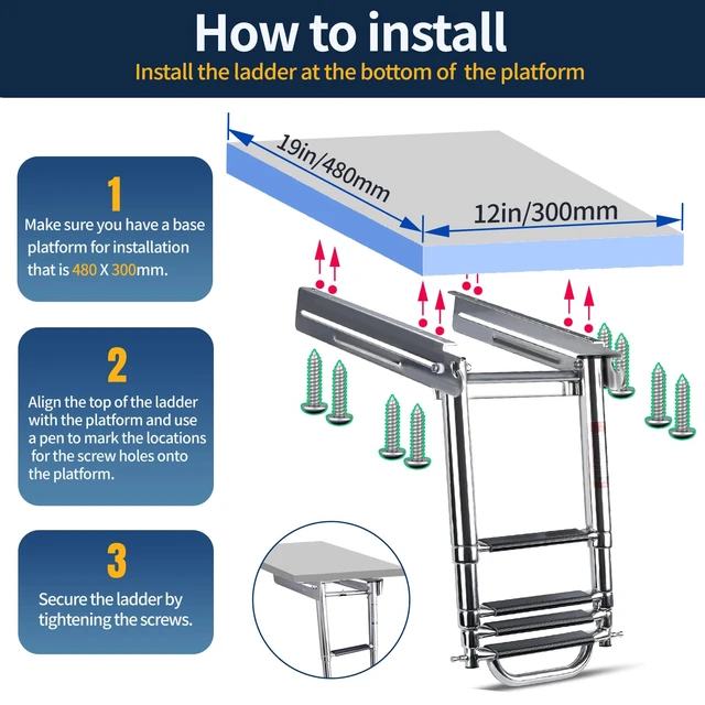 Alt view image 5 of 7 - 4 Step Boat Ladder Under Platform Slide Mount Boat Boarding Ladder, Telescoping Ladder with a Carry Handle and Mounting Screws, Press-Type Spring Latch (4 Steps)