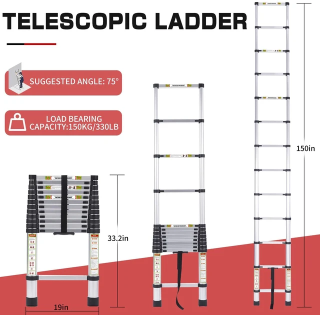 Alt view image 2 of 7 - Telescopic Ladder, 12.5 ft Aluminum Telescoping Ladder with Non-Slip Feet, Portable Extension Ladder for Household and Outdoor Working,330 lb Capacity