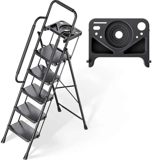 Main image of Folding 5 Step Ladder, Step Stool with Anti-Slip Pedals | Portable Sturdy Steel ladder with Handrail, Safe-Lock Design, Multi-Purpose, Home, Kitchen, Pass 500lbs Load Testing, Black