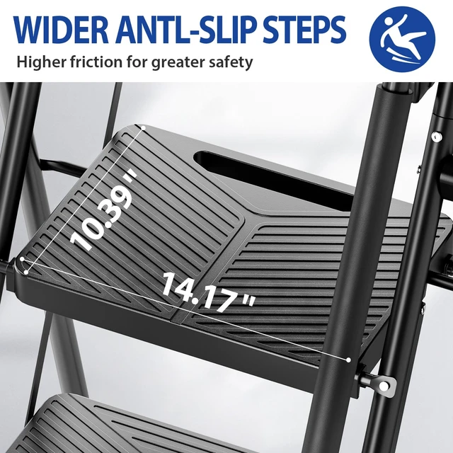 Alt view image 2 of 7 - Folding 5 Step Ladder, Step Stool with Anti-Slip Pedals | Portable Sturdy Steel ladder with Handrail, Safe-Lock Design, Multi-Purpose, Home, Kitchen, Pass 500lbs Load Testing, Black