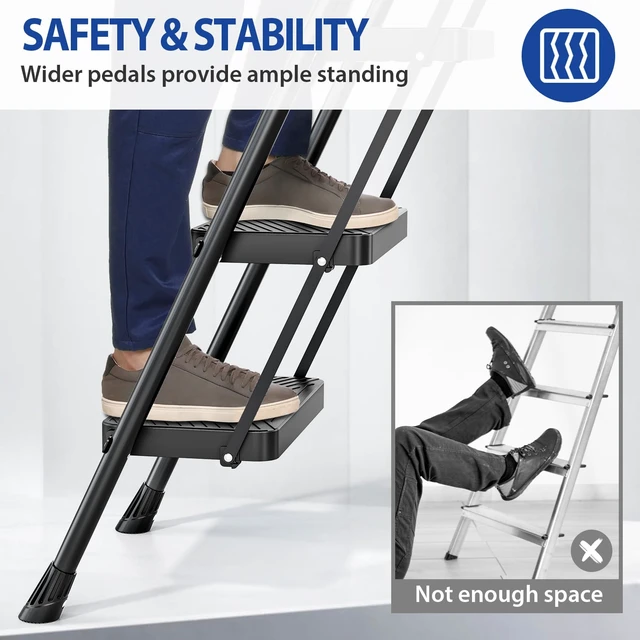 Alt view image 3 of 7 - Folding 5 Step Ladder, Step Stool with Anti-Slip Pedals | Portable Sturdy Steel ladder with Handrail, Safe-Lock Design, Multi-Purpose, Home, Kitchen, Pass 500lbs Load Testing, Black