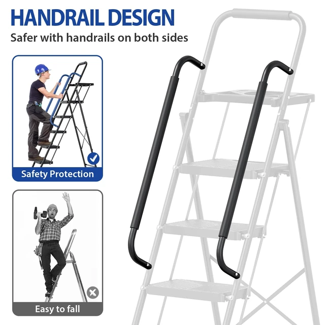 Alt view image 5 of 7 - Folding 5 Step Ladder, Step Stool with Anti-Slip Pedals | Portable Sturdy Steel ladder with Handrail, Safe-Lock Design, Multi-Purpose, Home, Kitchen, Pass 500lbs Load Testing, Black