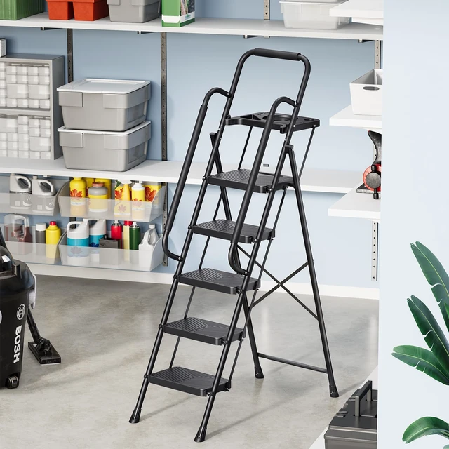 Alt view image 6 of 7 - Folding 5 Step Ladder, Step Stool with Anti-Slip Pedals | Portable Sturdy Steel ladder with Handrail, Safe-Lock Design, Multi-Purpose, Home, Kitchen, Pass 500lbs Load Testing, Black