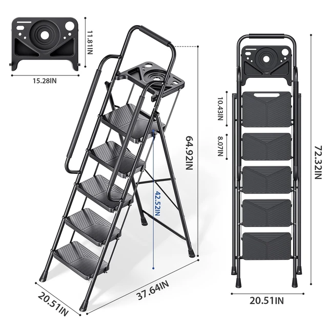 Alt view image 7 of 7 - Folding 5 Step Ladder, Step Stool with Anti-Slip Pedals | Portable Sturdy Steel ladder with Handrail, Safe-Lock Design, Multi-Purpose, Home, Kitchen, Pass 500lbs Load Testing, Black