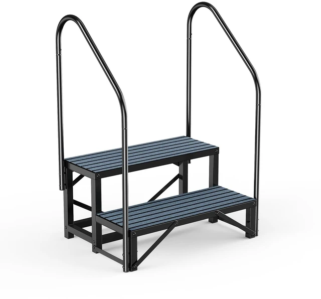 Main image of RV Steps with Handrail, 2 Step Hot Tub Steps with Non-Slip Mats | Mobile Home Stairs with Handrail for 5th Wheel RV