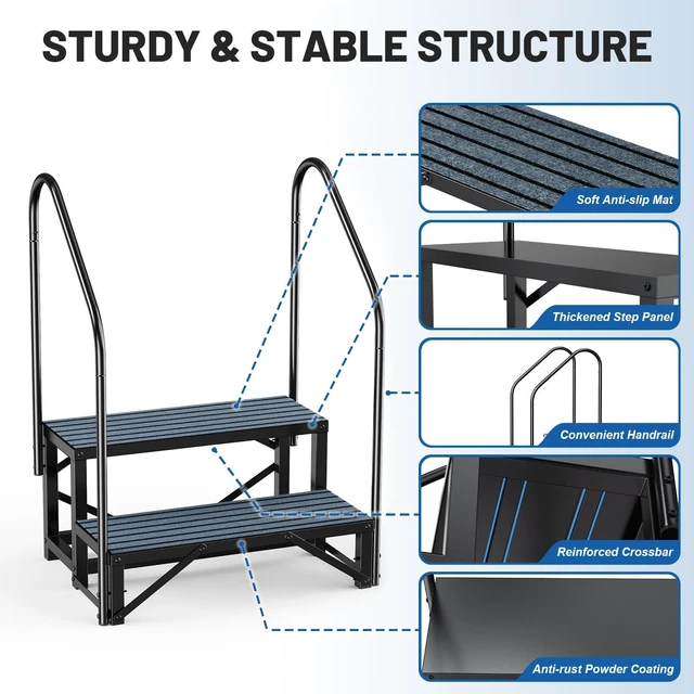 Alt view image 2 of 6 - RV Steps with Handrail, 2 Step Hot Tub Steps with Non-Slip Mats | Mobile Home Stairs with Handrail for 5th Wheel RV