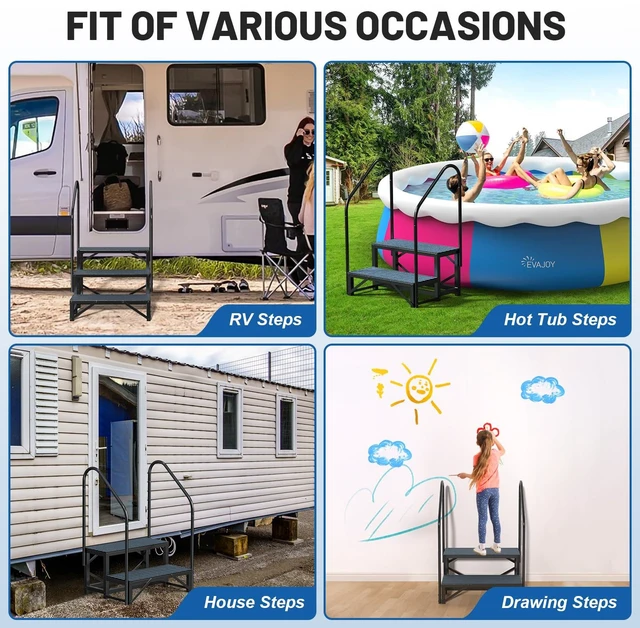 Alt view image 4 of 6 - RV Steps with Handrail, 2 Step Hot Tub Steps with Non-Slip Mats | Mobile Home Stairs with Handrail for 5th Wheel RV