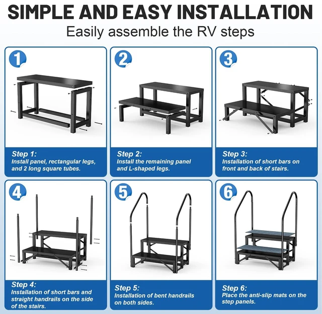 Alt view image 5 of 6 - RV Steps with Handrail, 2 Step Hot Tub Steps with Non-Slip Mats | Mobile Home Stairs with Handrail for 5th Wheel RV