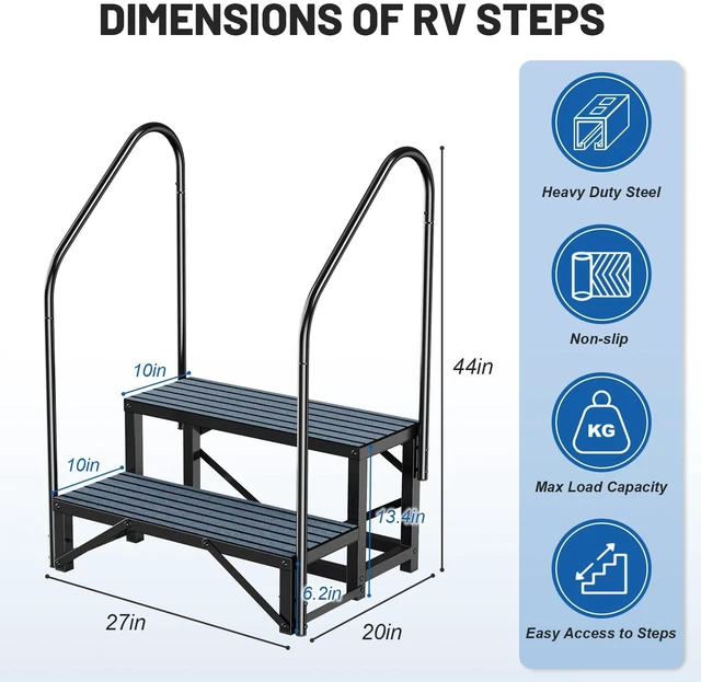 Alt view image 6 of 6 - RV Steps with Handrail, 2 Step Hot Tub Steps with Non-Slip Mats | Mobile Home Stairs with Handrail for 5th Wheel RV