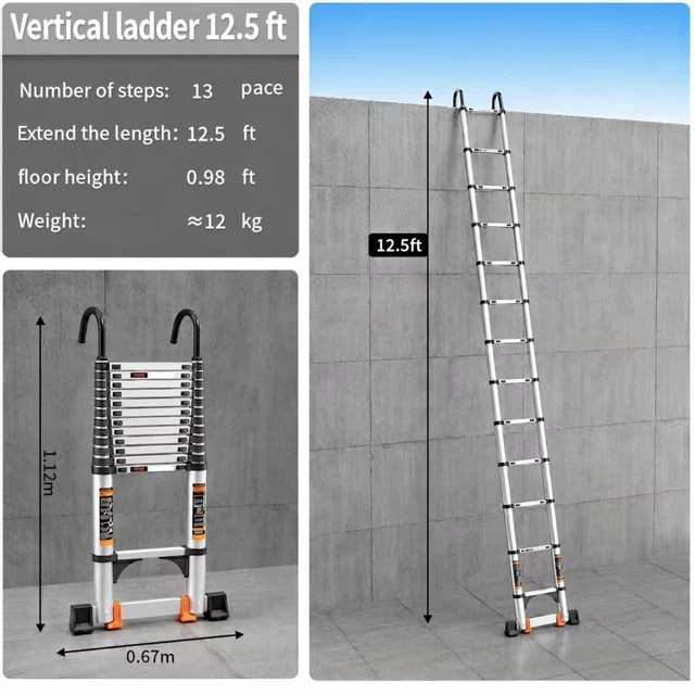 Alt view image 2 of 7 - Telescoping Ladder,12.5FT Aluminum Extension Ladder,330lbs Max Capacity | Multi-Purpose Collapsible Ladder with Stabilizers and Hooks,Portable Ladder for RV or Outdoor Work Silver