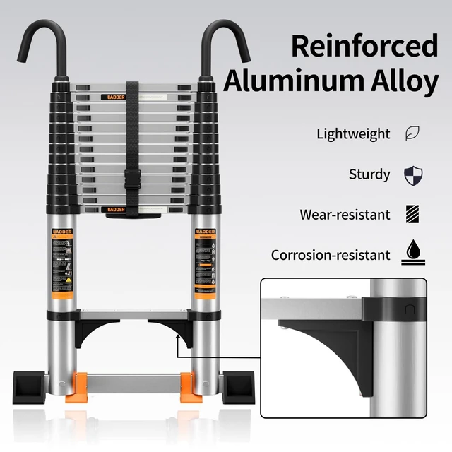 Alt view image 3 of 7 - Telescoping Ladder,12.5FT Aluminum Extension Ladder,330lbs Max Capacity | Multi-Purpose Collapsible Ladder with Stabilizers and Hooks,Portable Ladder for RV or Outdoor Work Silver