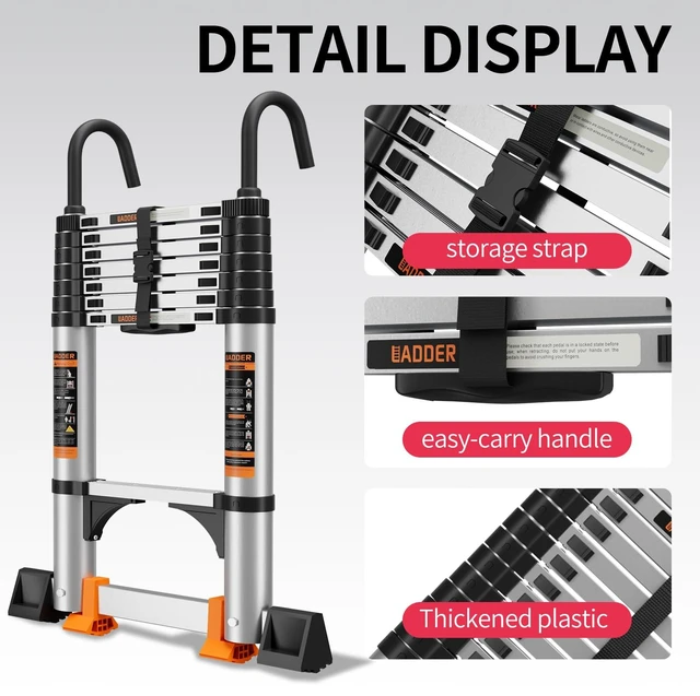 Alt view image 4 of 7 - Telescoping Ladder,12.5FT Aluminum Extension Ladder,330lbs Max Capacity | Multi-Purpose Collapsible Ladder with Stabilizers and Hooks,Portable Ladder for RV or Outdoor Work Silver