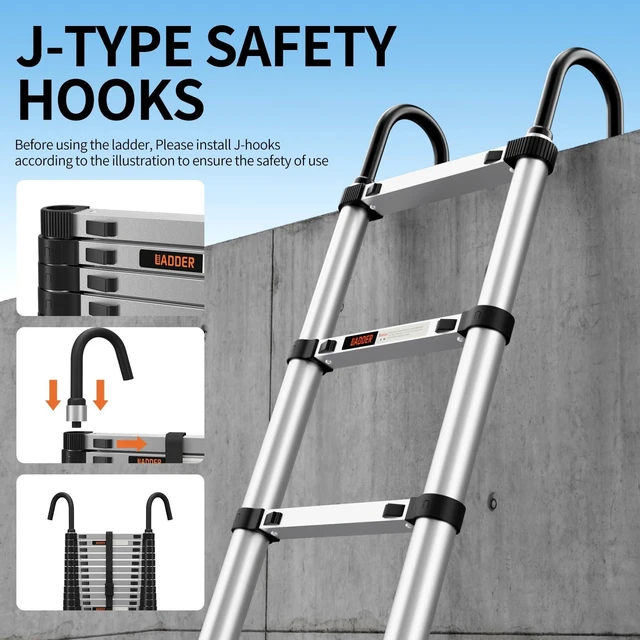 Alt view image 6 of 7 - Telescoping Ladder,12.5FT Aluminum Extension Ladder,330lbs Max Capacity | Multi-Purpose Collapsible Ladder with Stabilizers and Hooks,Portable Ladder for RV or Outdoor Work Silver