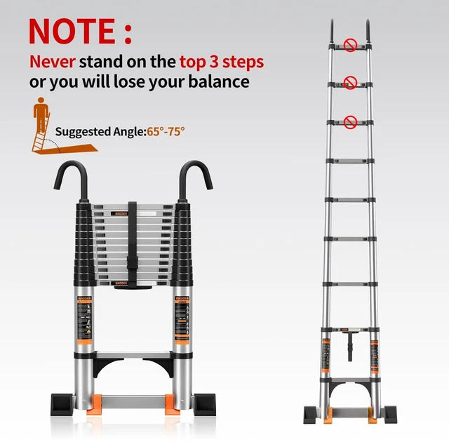 Alt view image 7 of 7 - Telescoping Ladder,12.5FT Aluminum Extension Ladder,330lbs Max Capacity | Multi-Purpose Collapsible Ladder with Stabilizers and Hooks,Portable Ladder for RV or Outdoor Work Silver
