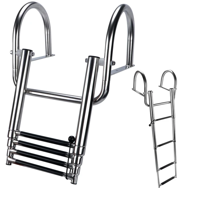 Main image of 4 Step Pontoon Boat Ladder, Stainless Steel Telescoping Folding Boat Ladder Rear Entry Heavy Duty Custom Inboard with Pedal and Safe Handrails