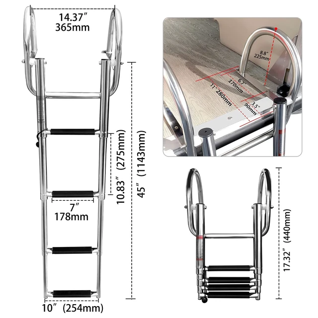 Alt view image 2 of 7 - 4 Step Pontoon Boat Ladder, Stainless Steel Telescoping Folding Boat Ladder Rear Entry Heavy Duty Custom Inboard with Pedal and Safe Handrails