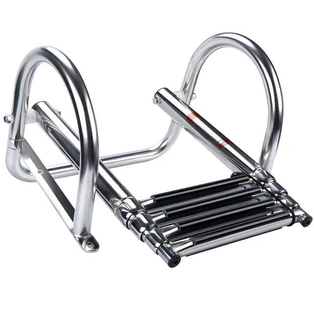 Alt view image 3 of 7 - 4 Step Pontoon Boat Ladder, Stainless Steel Telescoping Folding Boat Ladder Rear Entry Heavy Duty Custom Inboard with Pedal and Safe Handrails