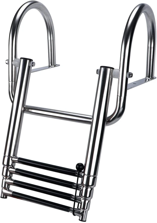 Alt view image 4 of 7 - 4 Step Pontoon Boat Ladder, Stainless Steel Telescoping Folding Boat Ladder Rear Entry Heavy Duty Custom Inboard with Pedal and Safe Handrails