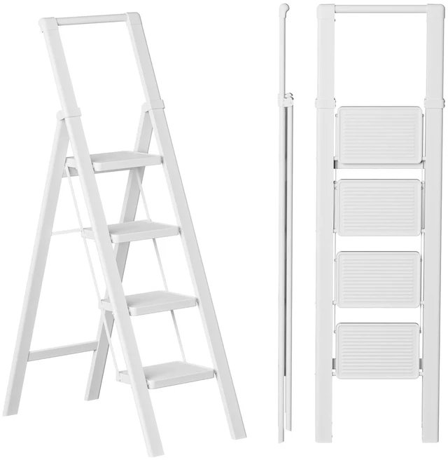 Main image of 4 Step Ladder, Lightweight Folding Step Stool, Pure White | Reach 8ft;Anti-Slip Wide Pedal;Portable Handrail;Space-Saving;For Kitchen, Home, Library, Office Use;300lbs Capacity