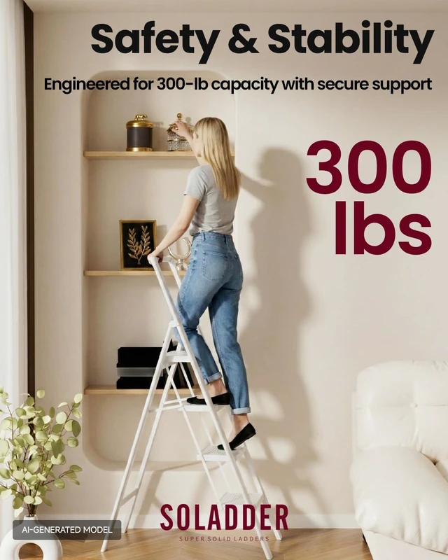 Alt view image 2 of 6 - 4 Step Ladder, Lightweight Folding Step Stool, Pure White | Reach 8ft;Anti-Slip Wide Pedal;Portable Handrail;Space-Saving;For Kitchen, Home, Library, Office Use;300lbs Capacity