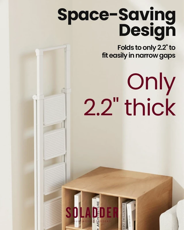 Alt view image 3 of 6 - 4 Step Ladder, Lightweight Folding Step Stool, Pure White | Reach 8ft;Anti-Slip Wide Pedal;Portable Handrail;Space-Saving;For Kitchen, Home, Library, Office Use;300lbs Capacity