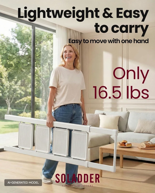Alt view image 4 of 6 - 4 Step Ladder, Lightweight Folding Step Stool, Pure White | Reach 8ft;Anti-Slip Wide Pedal;Portable Handrail;Space-Saving;For Kitchen, Home, Library, Office Use;300lbs Capacity