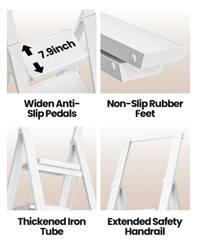 Alt view image 5 of 6 - 4 Step Ladder, Lightweight Folding Step Stool, Pure White | Reach 8ft;Anti-Slip Wide Pedal;Portable Handrail;Space-Saving;For Kitchen, Home, Library, Office Use;300lbs Capacity