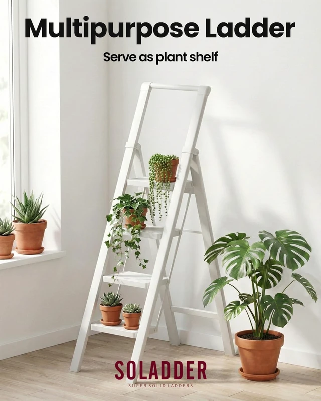 Alt view image 6 of 6 - 4 Step Ladder, Lightweight Folding Step Stool, Pure White | Reach 8ft;Anti-Slip Wide Pedal;Portable Handrail;Space-Saving;For Kitchen, Home, Library, Office Use;300lbs Capacity