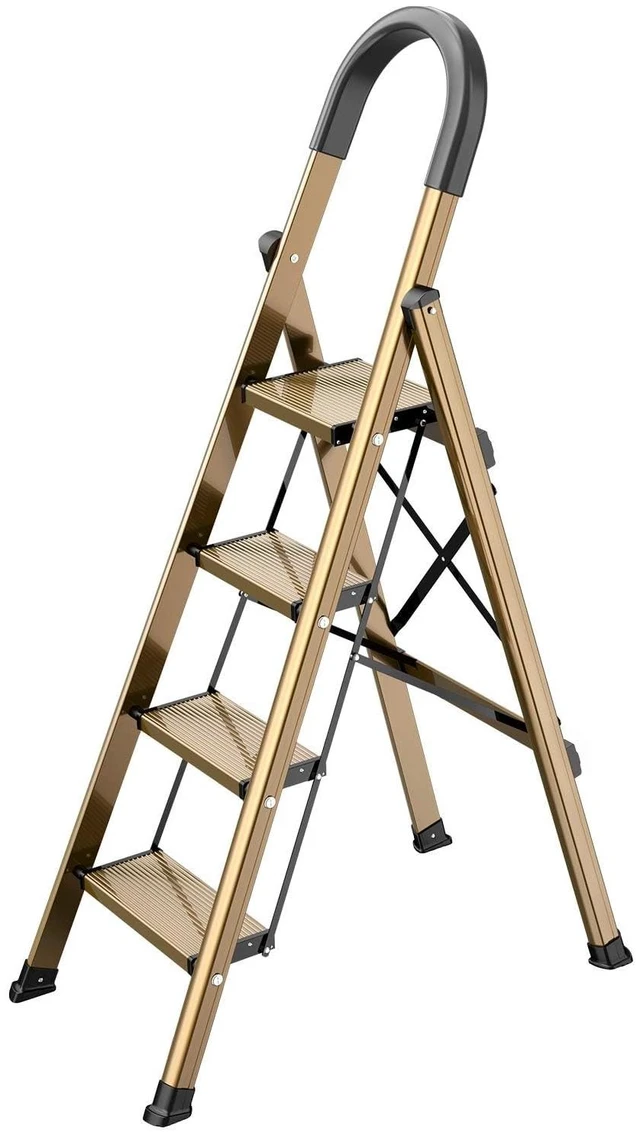 Main image of 4 Step Ladder for 8ft Ceiling,Folding Step Stool, Brown Gold | Anti-Slip Wide Pedals, Space-Saving Design, Lightweight Tall Step Ladder for Home and Kitchen Use,300lb Capacity