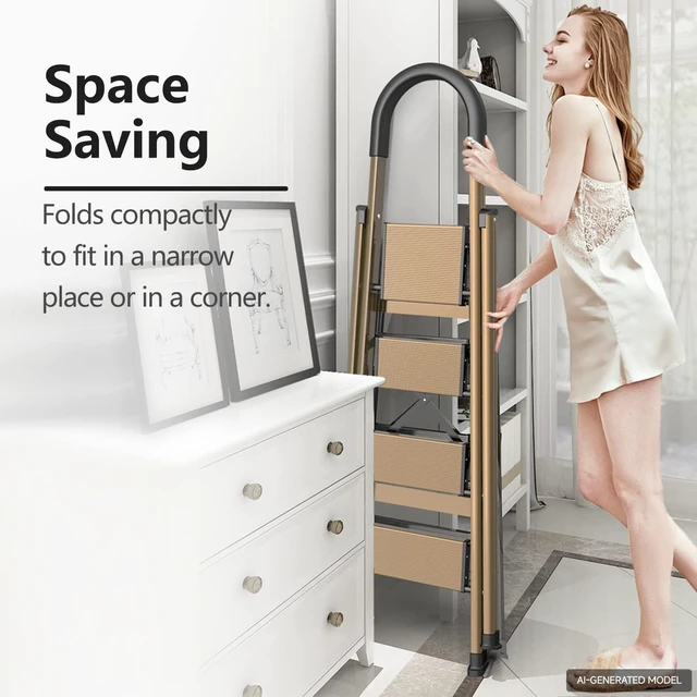 Alt view image 2 of 6 - 4 Step Ladder for 8ft Ceiling,Folding Step Stool, Brown Gold | Anti-Slip Wide Pedals, Space-Saving Design, Lightweight Tall Step Ladder for Home and Kitchen Use,300lb Capacity
