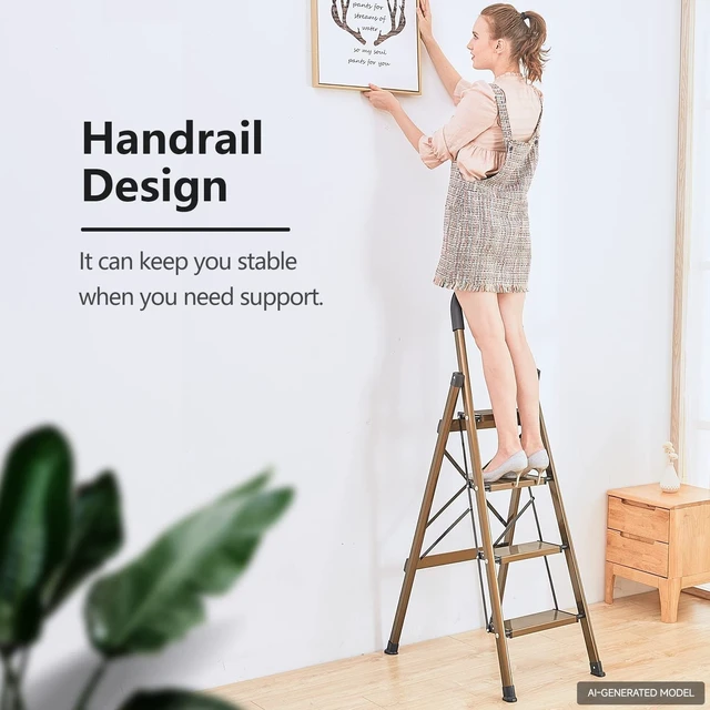 Alt view image 3 of 6 - 4 Step Ladder for 8ft Ceiling,Folding Step Stool, Brown Gold | Anti-Slip Wide Pedals, Space-Saving Design, Lightweight Tall Step Ladder for Home and Kitchen Use,300lb Capacity