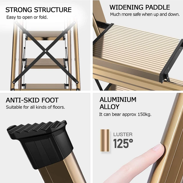 Alt view image 6 of 6 - 4 Step Ladder for 8ft Ceiling,Folding Step Stool, Brown Gold | Anti-Slip Wide Pedals, Space-Saving Design, Lightweight Tall Step Ladder for Home and Kitchen Use,300lb Capacity