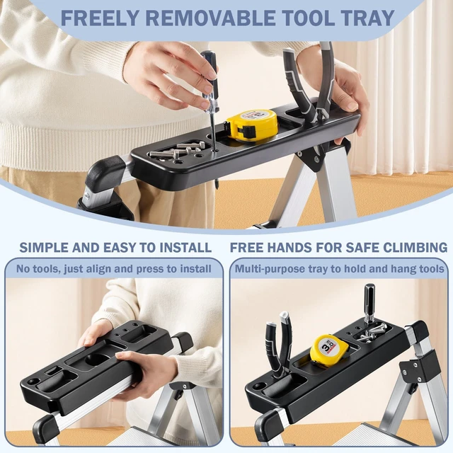 Alt view image 2 of 7 - 3 Step Ladder, Aluminum Folding Stool with Retractable Handgrip | 375 lbs Heavy Duty | 9.5lbs Lightweight | Removable Tool Tray | Non-Slip Pedals | Slim 2.5" Fold for Kitchen, Closet & Garage