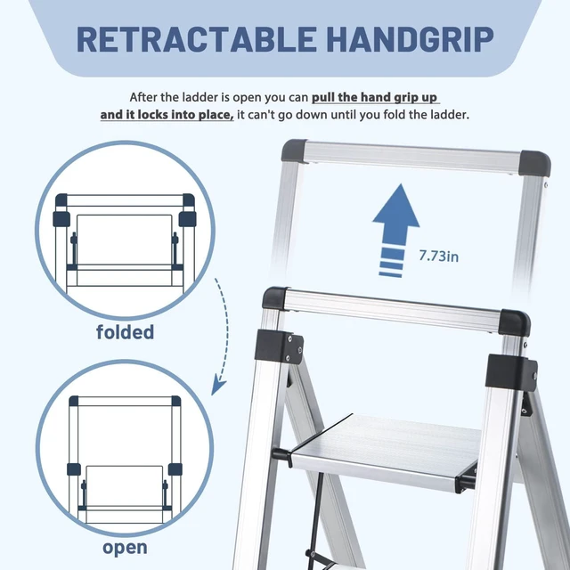 Alt view image 3 of 7 - 3 Step Ladder, Aluminum Folding Stool with Retractable Handgrip | 375 lbs Heavy Duty | 9.5lbs Lightweight | Removable Tool Tray | Non-Slip Pedals | Slim 2.5" Fold for Kitchen, Closet & Garage