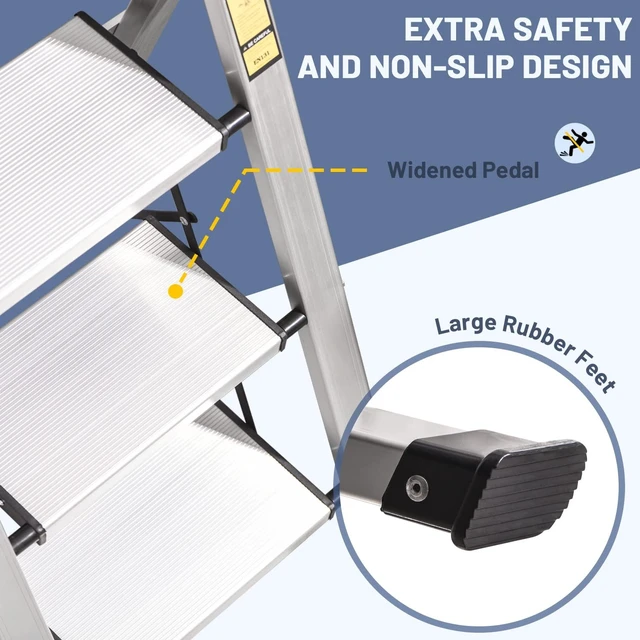 Alt view image 4 of 7 - 3 Step Ladder, Aluminum Folding Stool with Retractable Handgrip | 375 lbs Heavy Duty | 9.5lbs Lightweight | Removable Tool Tray | Non-Slip Pedals | Slim 2.5" Fold for Kitchen, Closet & Garage