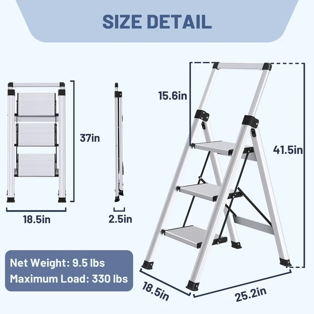 Alt view image 6 of 7 - 3 Step Ladder, Aluminum Folding Stool with Retractable Handgrip | 375 lbs Heavy Duty | 9.5lbs Lightweight | Removable Tool Tray | Non-Slip Pedals | Slim 2.5" Fold for Kitchen, Closet & Garage