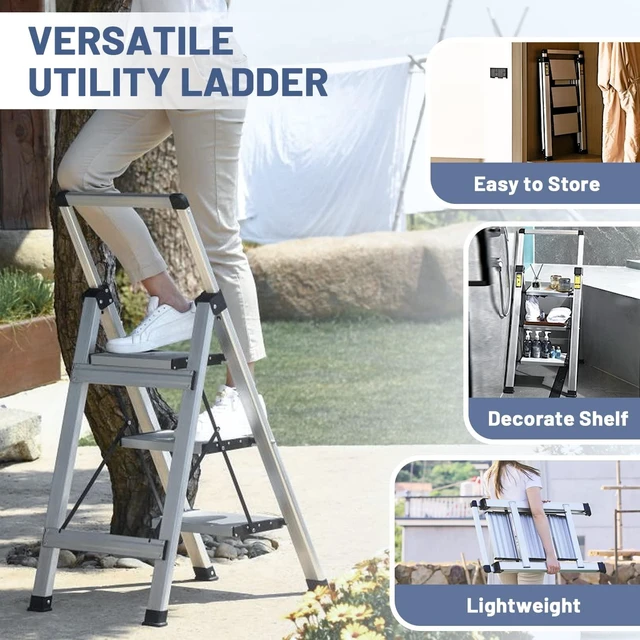 Alt view image 7 of 7 - 3 Step Ladder, Aluminum Folding Stool with Retractable Handgrip | 375 lbs Heavy Duty | 9.5lbs Lightweight | Removable Tool Tray | Non-Slip Pedals | Slim 2.5" Fold for Kitchen, Closet & Garage