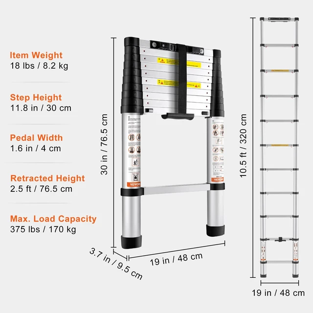 Alt view image 6 of 7 - Telescoping Ladder 10.5 FT Aluminum Extension Ladder375 LBS Capacity, One-Button Retraction, Collapsible & Portable with Non-Slip Feet for Home, RV, Loft, ANSI Listed