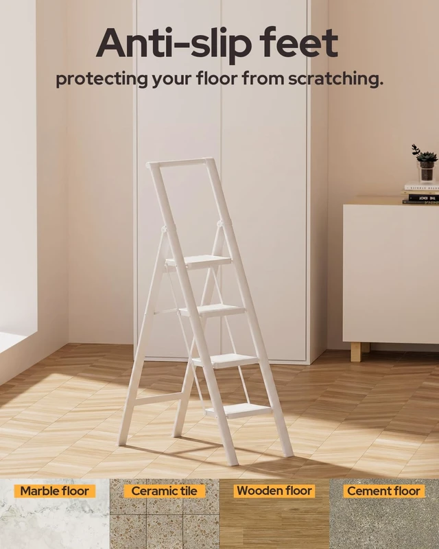 Alt view image 6 of 7 - 4 Step Ladder, Foldable 4 Step Stool, White | Reach 8ft; Stepladder with Handgrip, Anti-Slip 7.9'' Pedals, Lightweight Tall Ladder for Home,Kitchen,Closet,300 lb Capacity