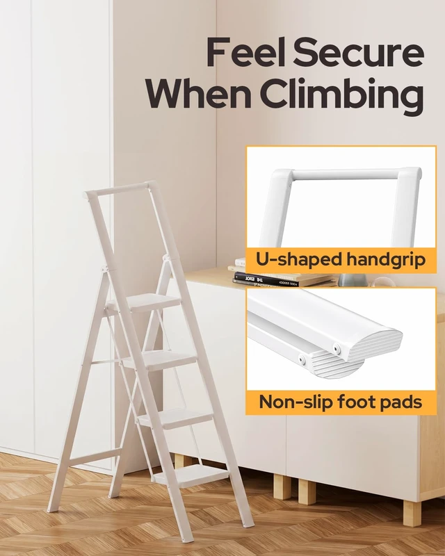 Alt view image 5 of 7 - 4 Step Ladder, Foldable 4 Step Stool, White | Reach 8ft; Stepladder with Handgrip, Anti-Slip 7.9'' Pedals, Lightweight Tall Ladder for Home,Kitchen,Closet,300 lb Capacity