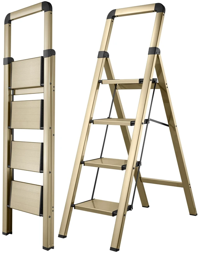 Main image of Step Ladder 4-Step Champagne Finish Aluminum Folding Ladders | Anti-slip Sturdy Portable Foldable Ladder Modern Step Stool for Kitchen Home Office Libaray