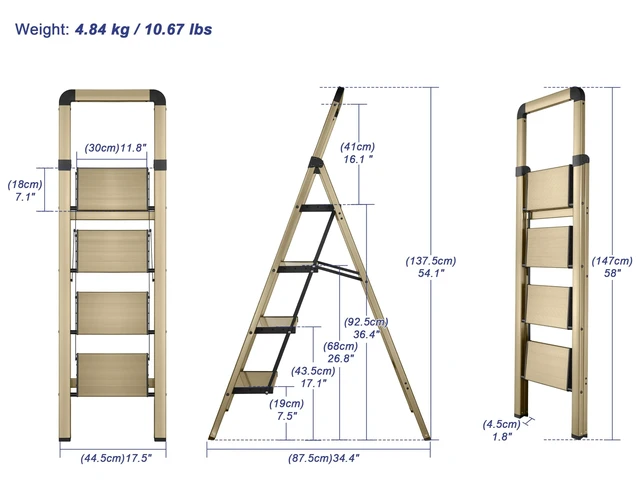 Alt view image 2 of 5 - Step Ladder 4-Step Champagne Finish Aluminum Folding Ladders | Anti-slip Sturdy Portable Foldable Ladder Modern Step Stool for Kitchen Home Office Libaray