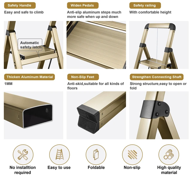 Alt view image 3 of 5 - Step Ladder 4-Step Champagne Finish Aluminum Folding Ladders | Anti-slip Sturdy Portable Foldable Ladder Modern Step Stool for Kitchen Home Office Libaray